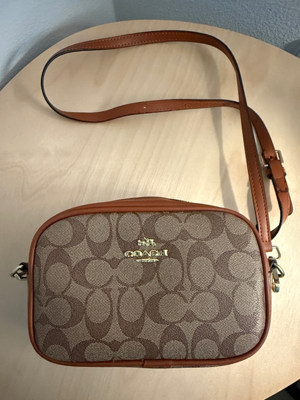 Coach Brown Signature Canvas Crossbody with Tan Leather Trim